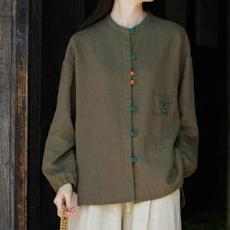 Buddha Stones Camicie da donna a maniche lunghe in ramia tinta unita, stile vintage, con bottoni a rana, per l'autunno/inverno. - Oliva - US4-8/10, UK/AU8-12/14, EU36-40/42 (F) - image 11