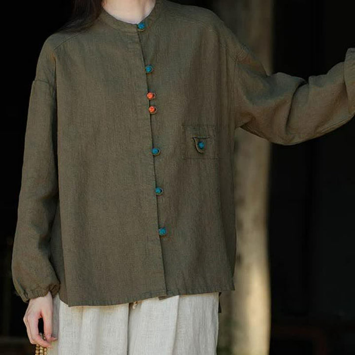 Buddha Stones Camicie da donna a maniche lunghe in ramia tinta unita, stile vintage, con bottoni a rana, per l'autunno/inverno. - image 12