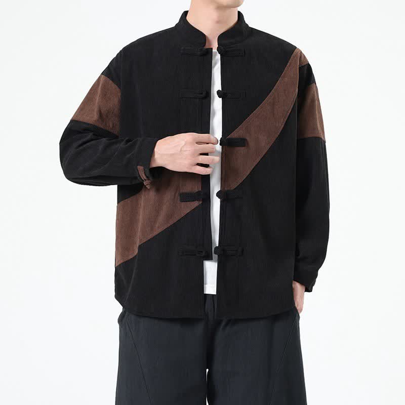 Buddha Stones Giacca da uomo in velluto a coste con bottoni a rana, stile casual autunno/inverno, con motivo geometrico. - Marrone sella - US/UK/AU46, EU56 (5XL) - image 0