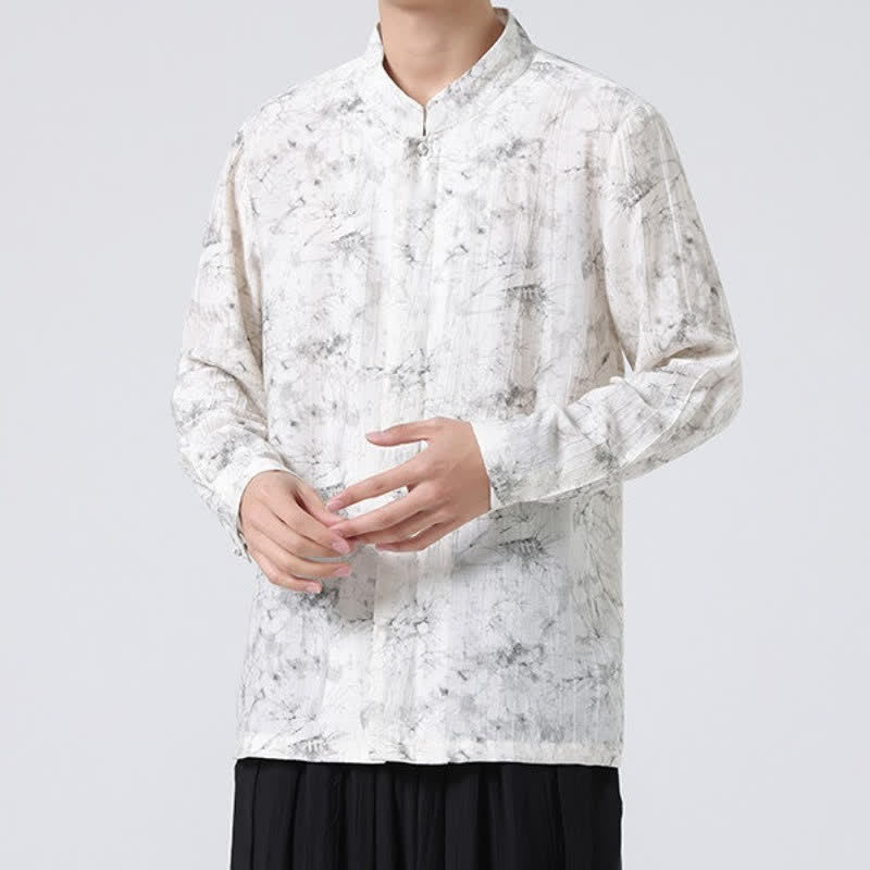 Buddha Stones Camicia da uomo a maniche lunghe con colletto alla coreana, stile Spring Tang minimalista e motivo astratto. - image 1