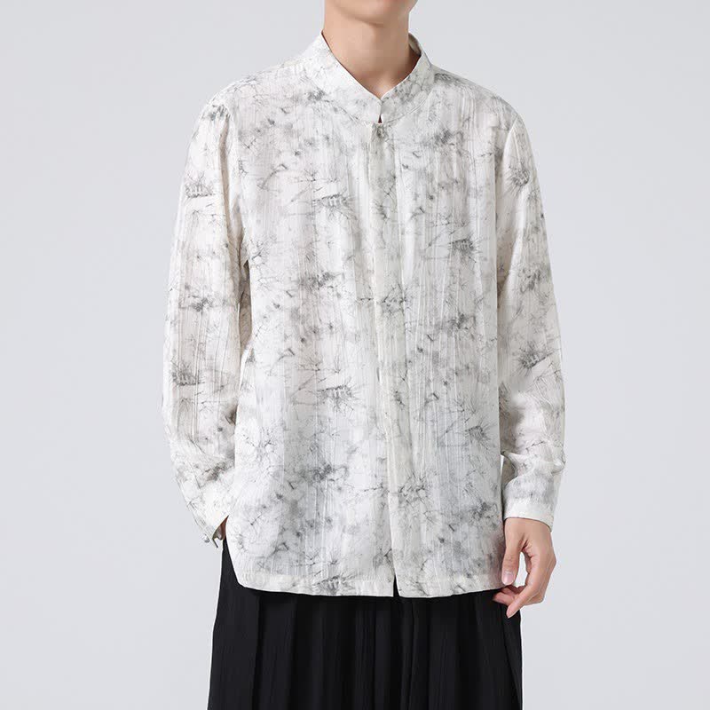 Buddha Stones Camicia da uomo a maniche lunghe con colletto alla coreana, stile Spring Tang minimalista e motivo astratto. - WhiteSmoke - US/UK/AU46, EU56 (5XL) - image 0