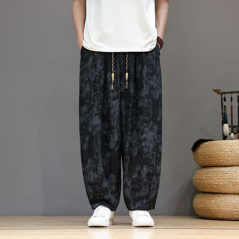 Buddha Stones Pantaloni casual primavera estate vintage con coulisse, lavaggio astratto, pantaloni alla caviglia da uomo a gamba dritta con tasca - Nero - US/UK/AU52, EU62 (8XL) - image 0