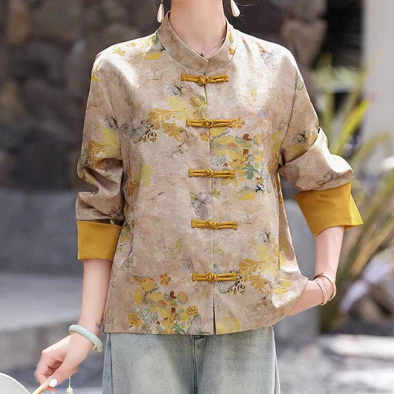 Buddha Stones Giacca da donna autunnale in stile vintage Tang con bottoni a rana e stampa floreale dorata. - Verga d'oro - US8-10, UK/AU12-14, EU40-42 (2XL) - image 0