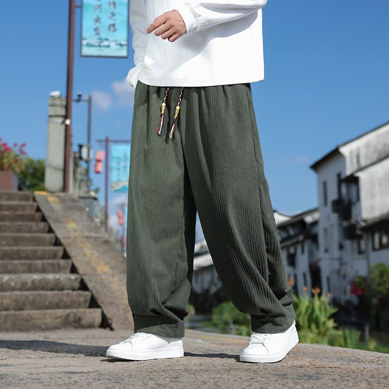 Buddha Stones Pantaloni da uomo a gamba dritta con coulisse, stile vintage, per autunno/inverno, alla caviglia, in velluto a coste tinta unita, con tasche. - Verde oliva scuro - US/UK/AU46, EU56 (5XL) - image 0