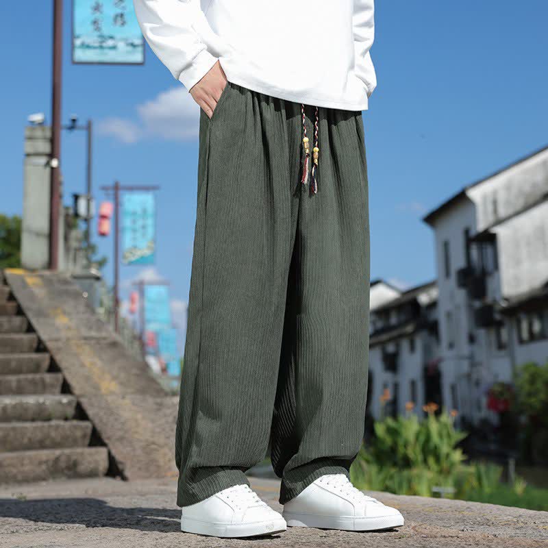 Buddha Stones Pantaloni da uomo a gamba dritta con coulisse, stile vintage, per autunno/inverno, alla caviglia, in velluto a coste tinta unita, con tasche. - image 1