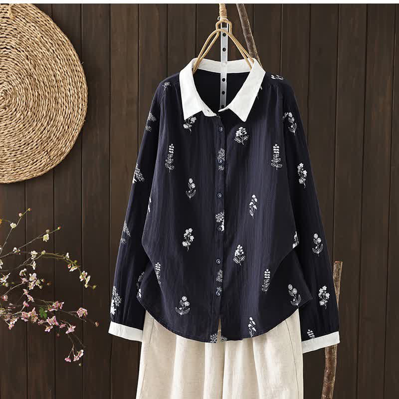 Buddha Stones Camicie da donna a maniche lunghe, stile vintage, con bottoni, a fantasia floreale, perfette per primavera e autunno. - Marina - US12, UK/AU16, EU44 (3XL) - image 0