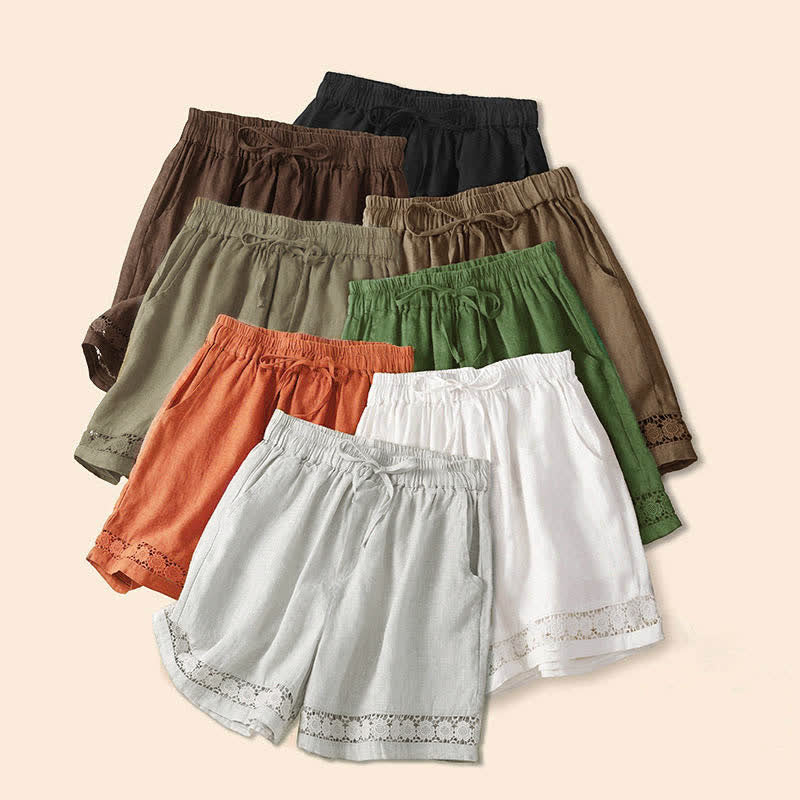 Pantaloncini da donna in cotone con lacci e tasche, modello Buddha Stones, tinta unita, con fondo in pizzo cavo - image 55