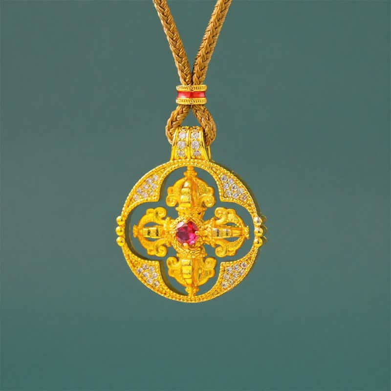Buddha Stones Collana con ciondolo rotondo Vajra in ottone placcato oro, simbolo di potere spirituale. - Perline rosse Vajra e corda dorata - image 0