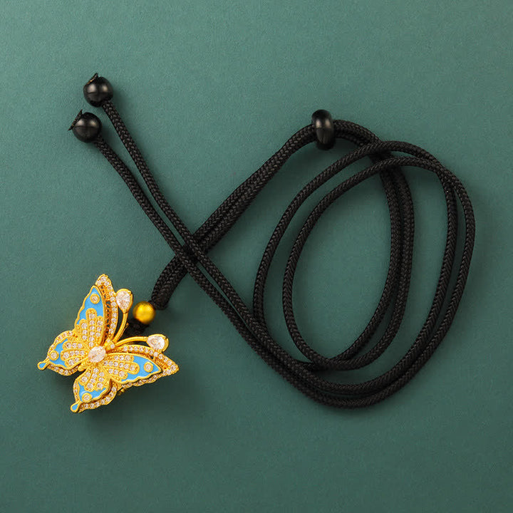 Buddha Stones Collana con ciondolo a forma di farfalla trasformabile in ottone placcato oro - Cordoncino nero con perline - image 6