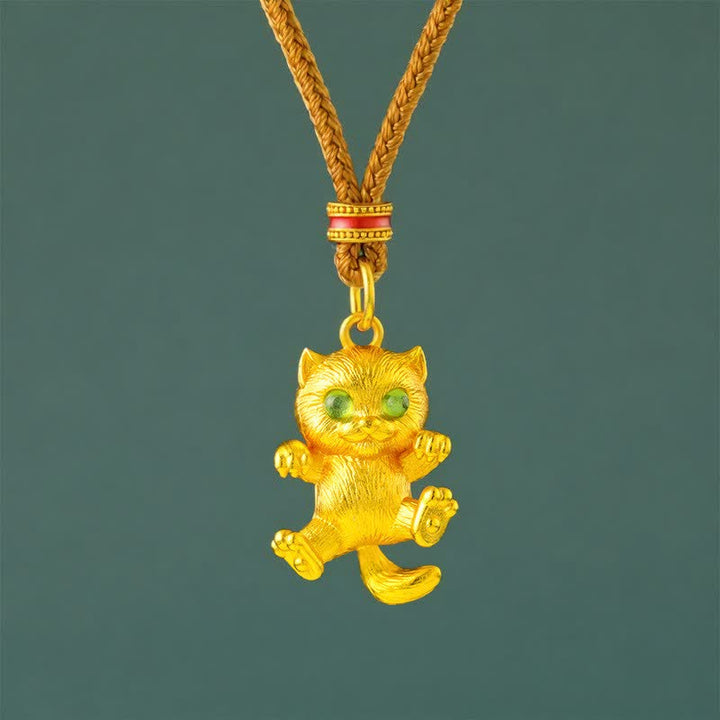 Buddha Stones Collana con ciondolo a forma di gatto portafortuna in ottone placcato oro. - Corda d'oro - image 0
