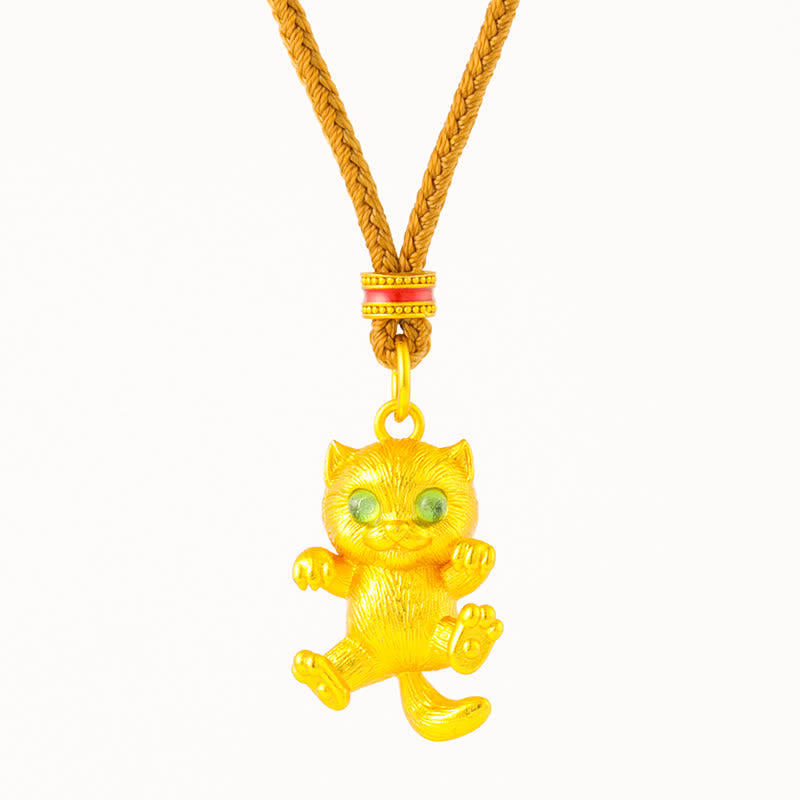 Buddha Stones Collana con ciondolo a forma di gatto portafortuna in ottone placcato oro. - image 4