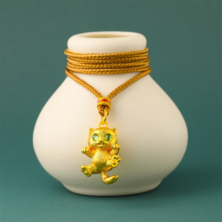 Buddha Stones Collana con ciondolo a forma di gatto portafortuna in ottone placcato oro. - image 2