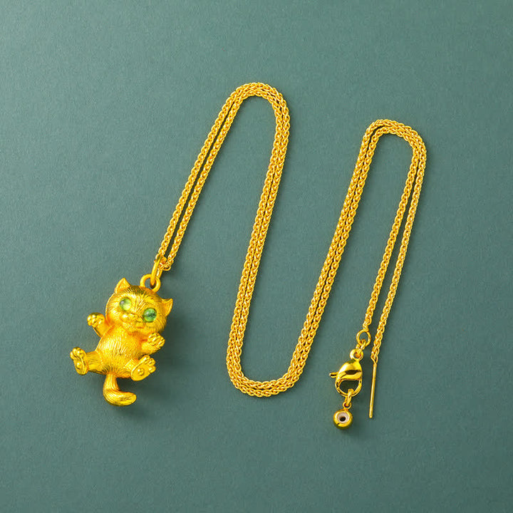 Buddha Stones Collana con ciondolo a forma di gatto portafortuna in ottone placcato oro. - Catena - image 8