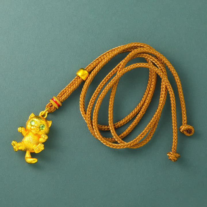 Buddha Stones Collana con ciondolo a forma di gatto portafortuna in ottone placcato oro. - image 1