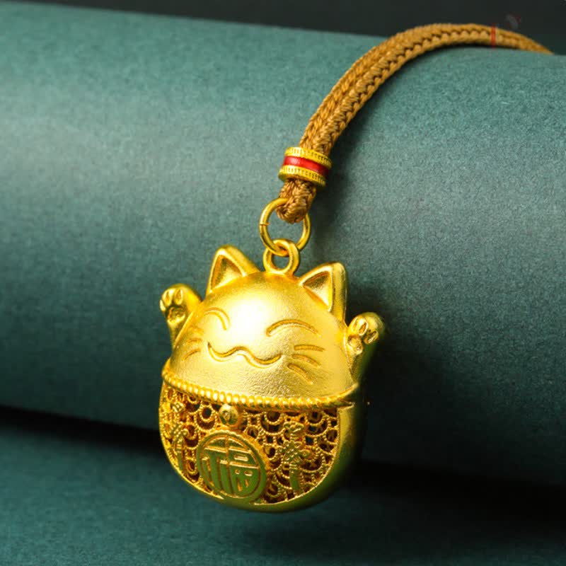 Buddha Stones Collana con corda intrecciata in ottone placcato oro con personaggio Fu e simbolo del gatto portafortuna. - image 1