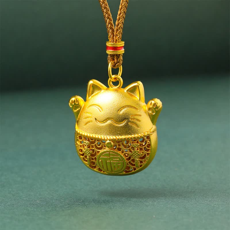 Buddha Stones Collana con corda intrecciata in ottone placcato oro con personaggio Fu e simbolo del gatto portafortuna. - Corda d'oro - image 0