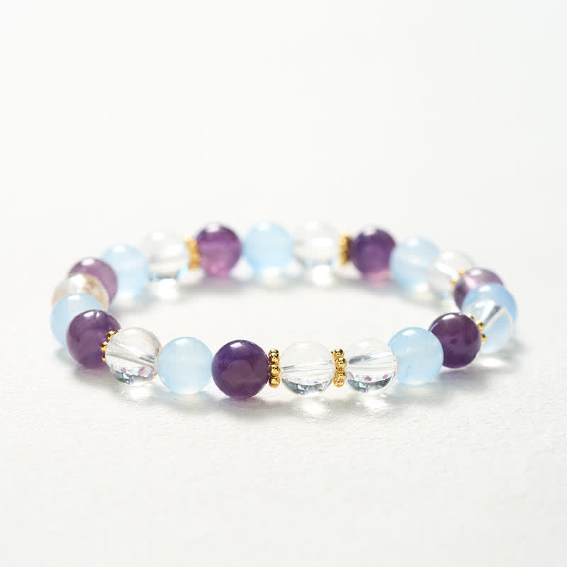 Buddha Stones Bracciale protettivo con perle di quarzo trasparente, ametista e calcedonio blu. - image 10