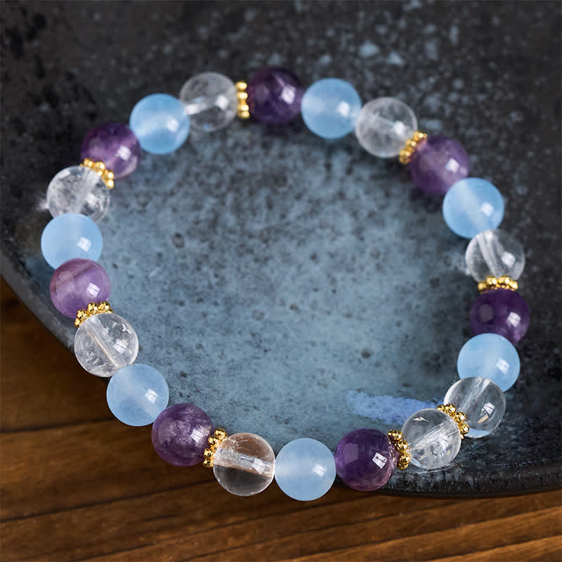 Buddha Stones Bracciale protettivo con perle di quarzo trasparente, ametista e calcedonio blu. - image 2