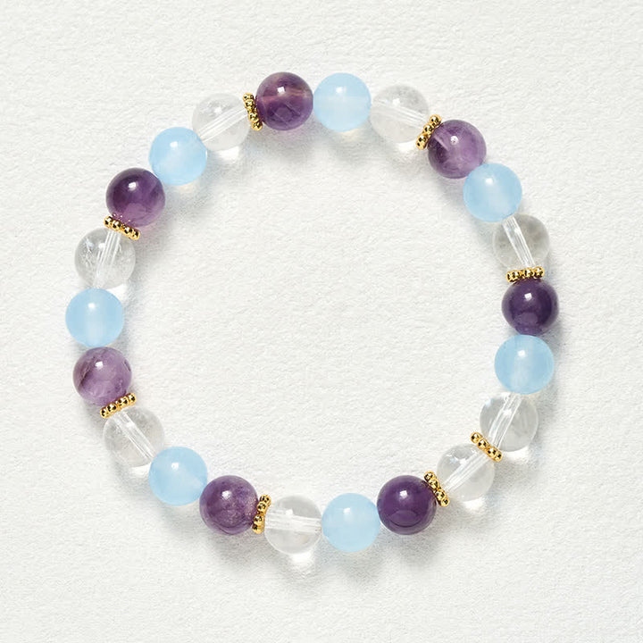 Buddha Stones Bracciale protettivo con perle di quarzo trasparente, ametista e calcedonio blu. - image 9