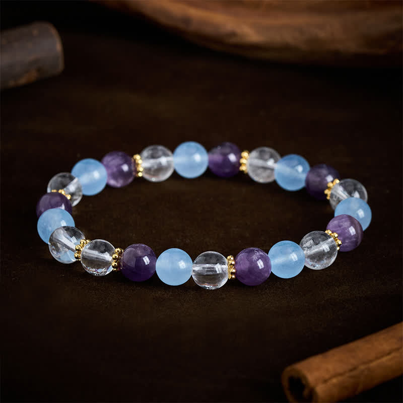 Buddha Stones Bracciale protettivo con perle di quarzo trasparente, ametista e calcedonio blu. - image 1