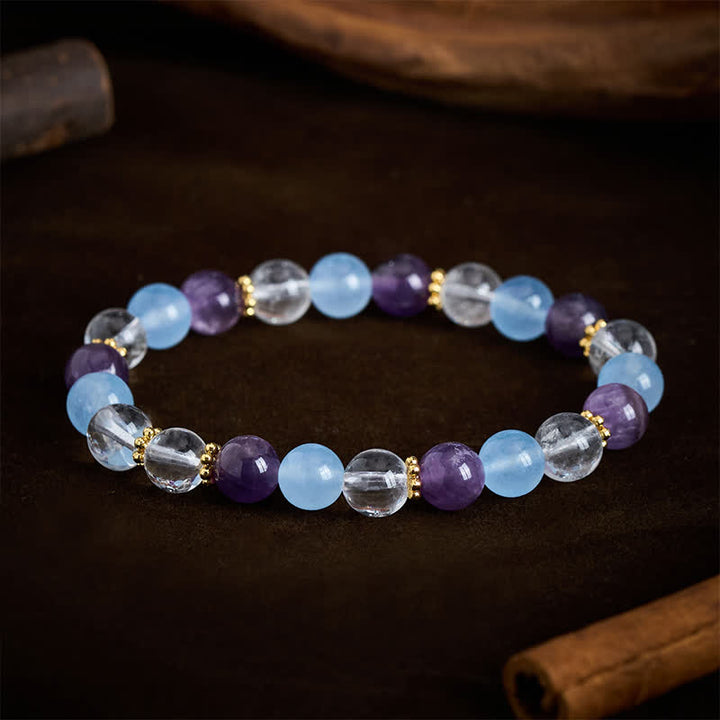 Buddha Stones Bracciale protettivo con perle di quarzo trasparente, ametista e calcedonio blu. - image 1