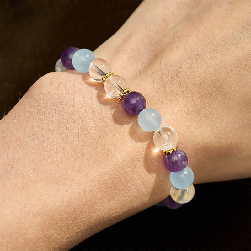 Buddha Stones Bracciale protettivo con perle di quarzo trasparente, ametista e calcedonio blu. - image 4