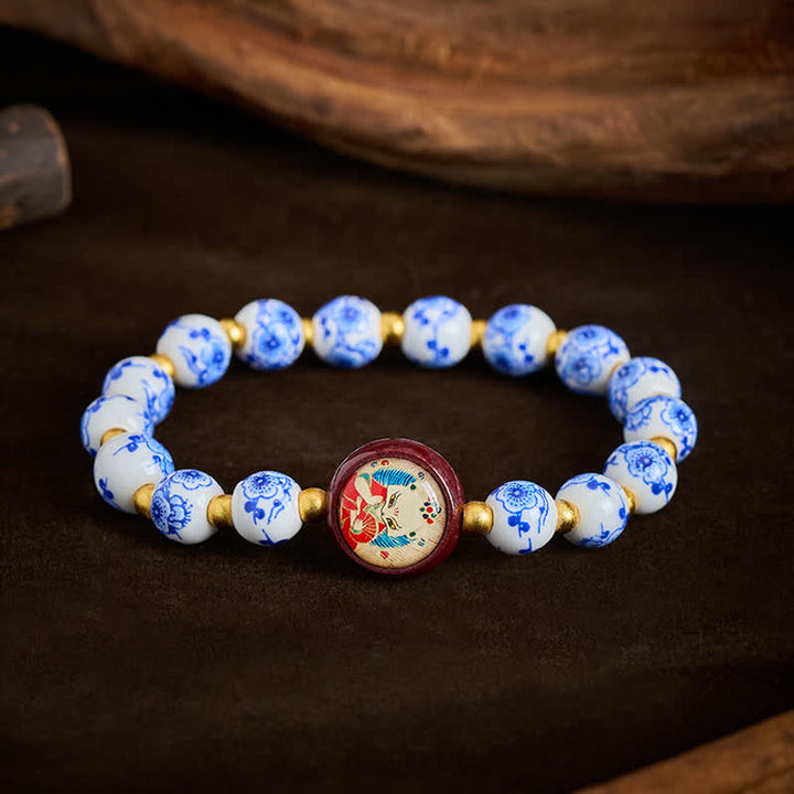 Buddha Stones Braccialetto con perline a forma di volpe in porcellana blu e bianca, simbolo di saggezza. - Volpe (Successo ♥ Saggezza) - image 0