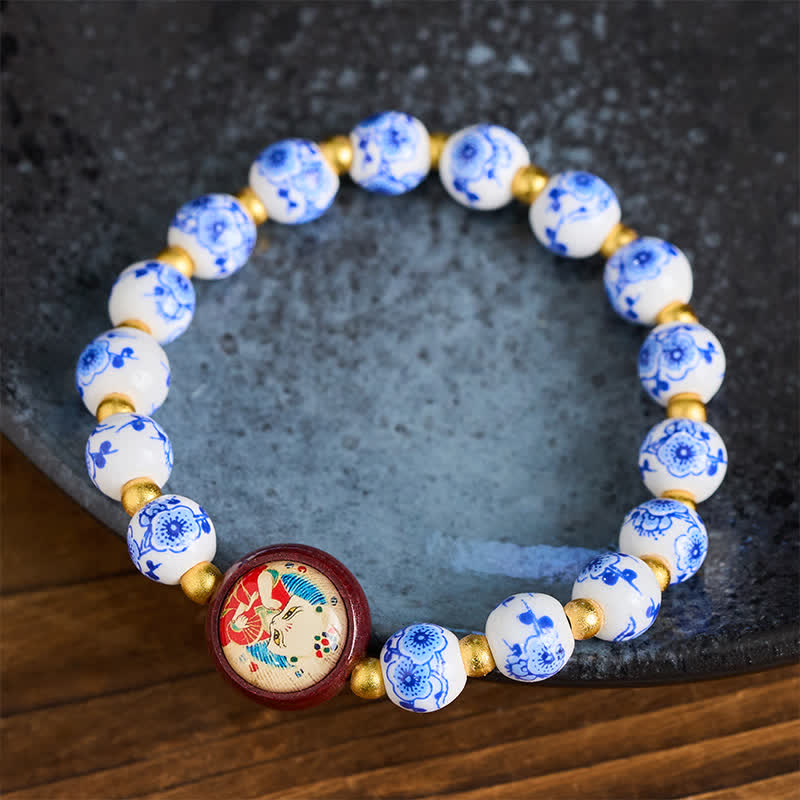 Buddha Stones Braccialetto con perline a forma di volpe in porcellana blu e bianca, simbolo di saggezza. - image 2
