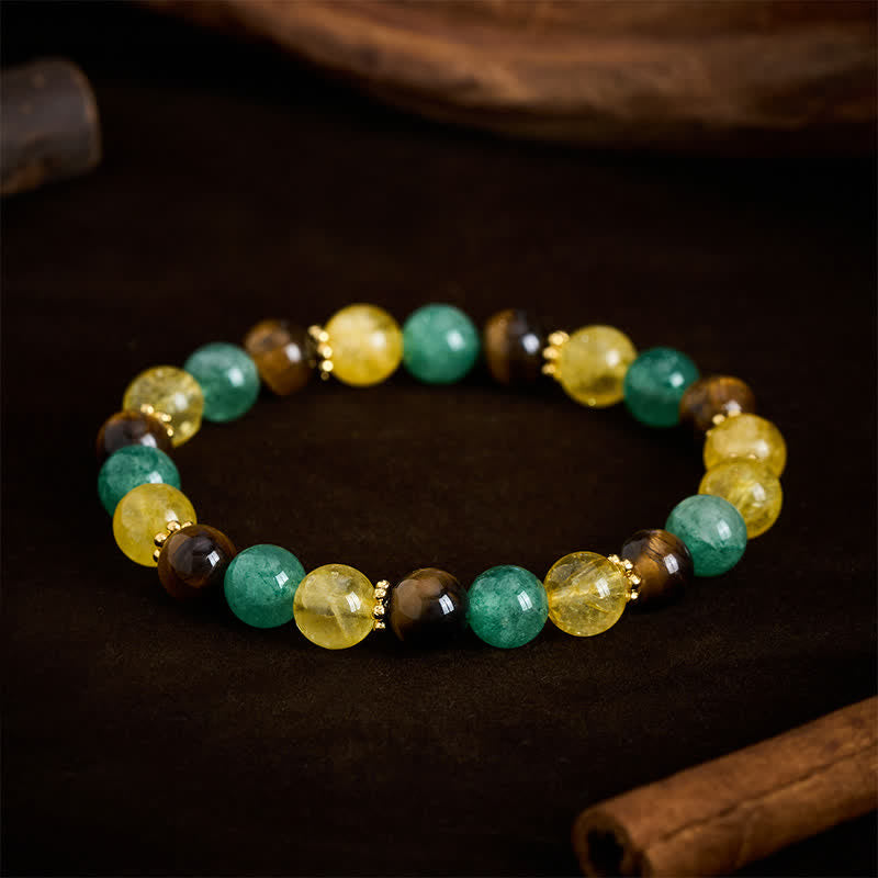 Buddha Stones Bracciale della felicità con citrino occhio di tigre e perline di quarzo verde fragola - image 1