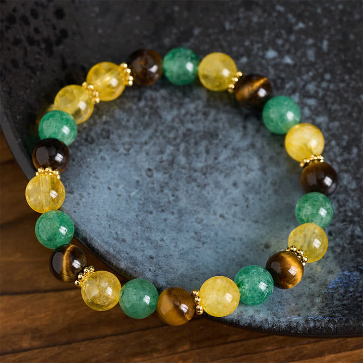 Buddha Stones Bracciale della felicità con citrino occhio di tigre e perline di quarzo verde fragola - image 2