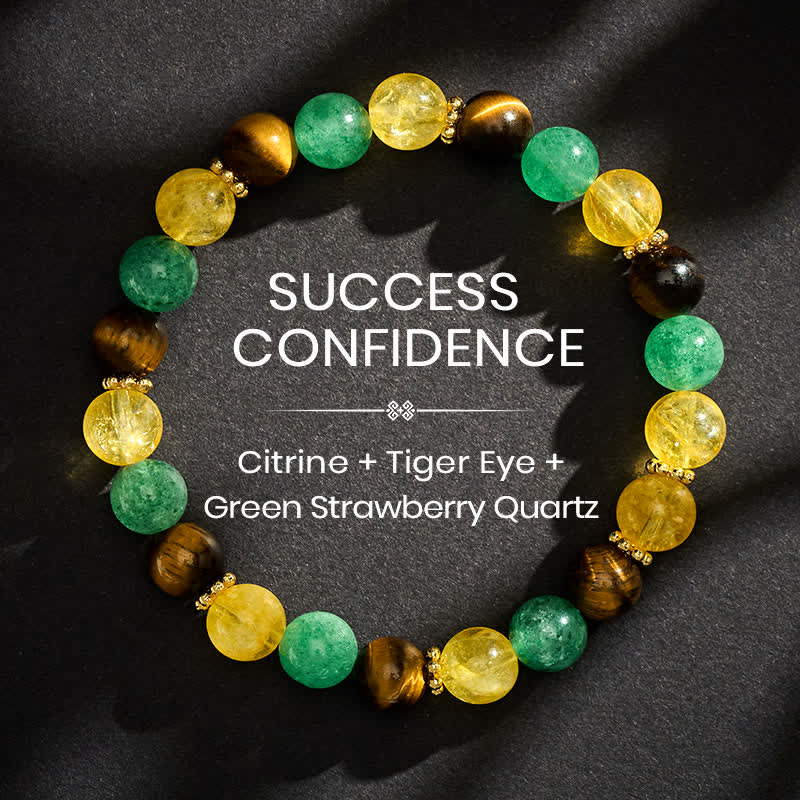 Buddha Stones Bracciale della felicità con citrino occhio di tigre e perline di quarzo verde fragola - 8 mm - image 0