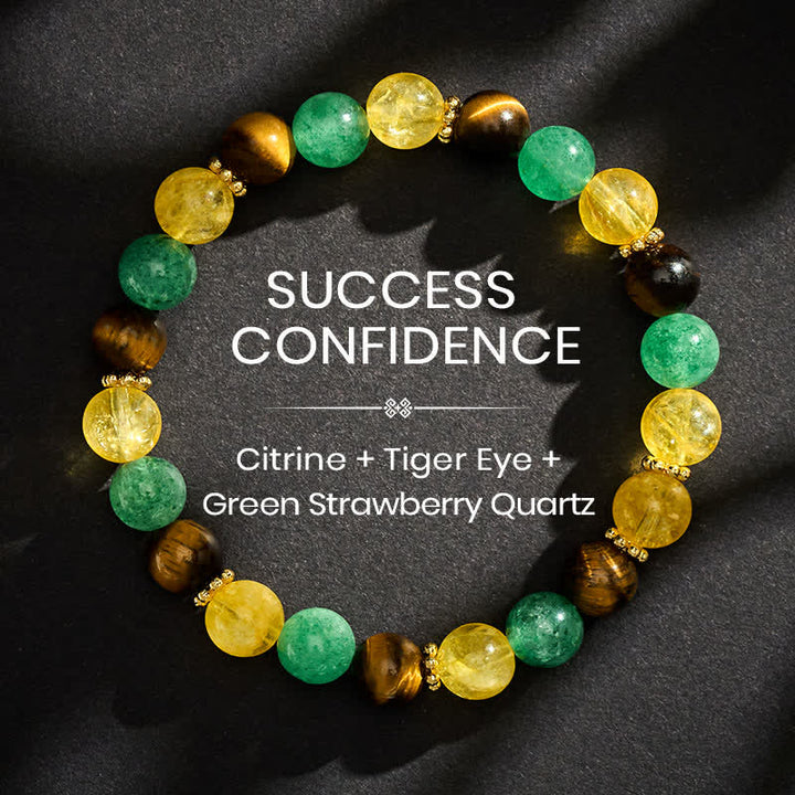 Buddha Stones Bracciale della felicità con citrino occhio di tigre e perline di quarzo verde fragola - 8 mm - image 0