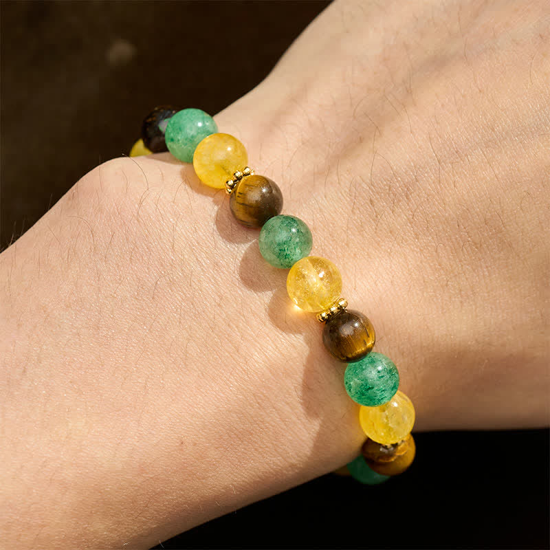 Buddha Stones Bracciale della felicità con citrino occhio di tigre e perline di quarzo verde fragola - image 4