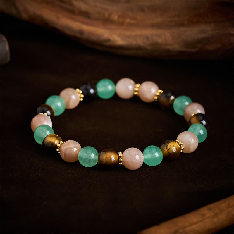 Buddha Stones Bracciale portafortuna con perline di avventurina verde, occhio di tigre e pietra del sole - image 1