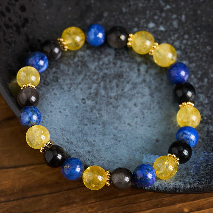 Buddha Stones Bracciale Serenity con perle di lapislazzuli, ossidiana e citrino con riflessi argentati. - image 3