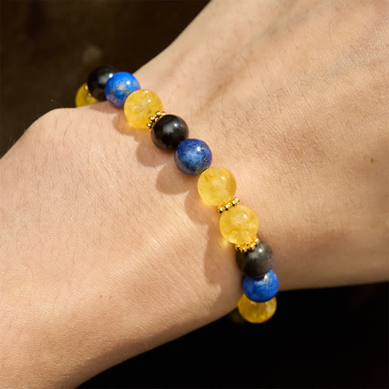 Buddha Stones Bracciale Serenity con perle di lapislazzuli, ossidiana e citrino con riflessi argentati. - image 4