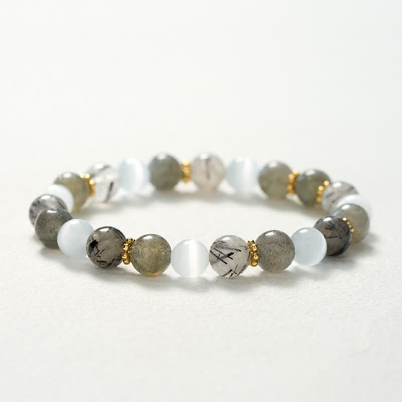 Buddha Stones Bracciale dell'abbondanza con perle di quarzo rutilato nero e pietra occhio di gatto bianca. - image 10
