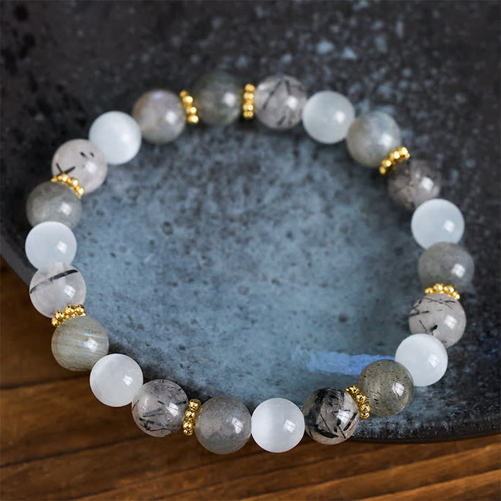 Buddha Stones Bracciale dell'abbondanza con perle di quarzo rutilato nero e pietra occhio di gatto bianca. - image 3