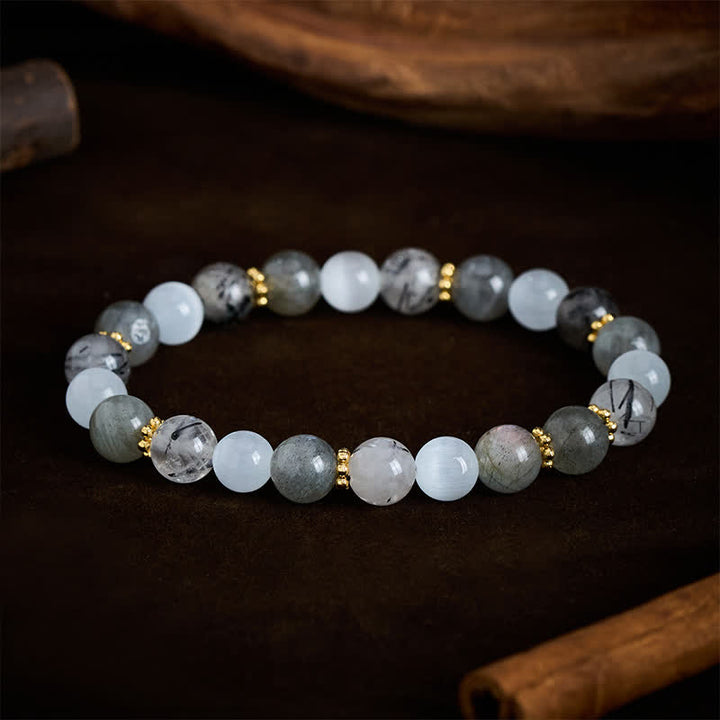 Buddha Stones Bracciale dell'abbondanza con perle di quarzo rutilato nero e pietra occhio di gatto bianca. - image 2