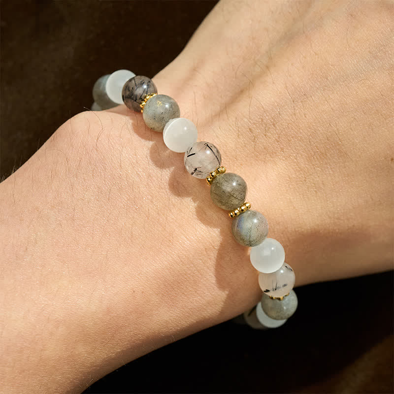 Buddha Stones Bracciale dell'abbondanza con perle di quarzo rutilato nero e pietra occhio di gatto bianca. - image 4