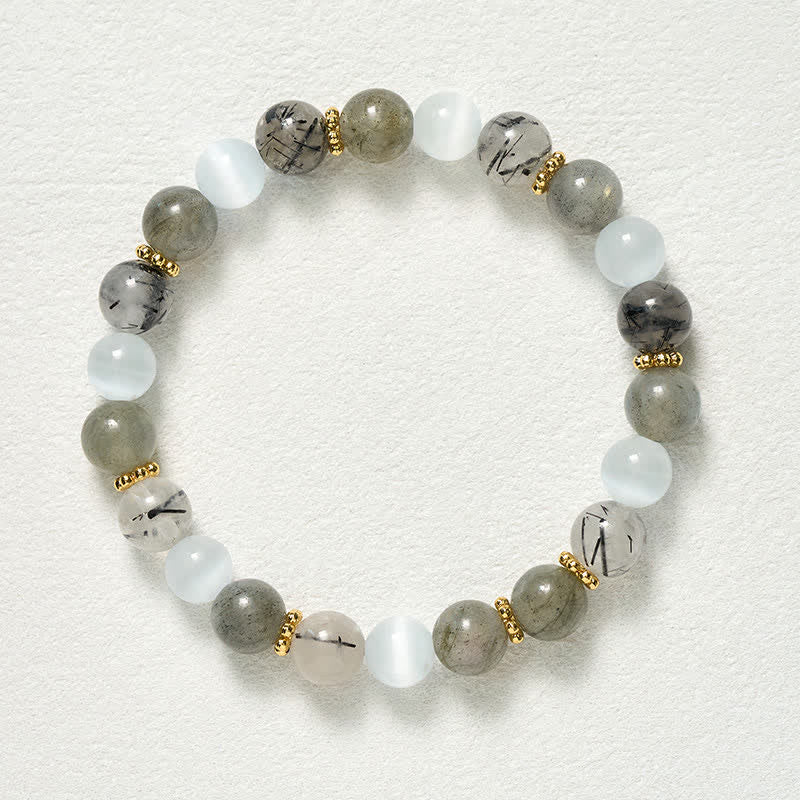 Buddha Stones Bracciale dell'abbondanza con perle di quarzo rutilato nero e pietra occhio di gatto bianca. - image 9