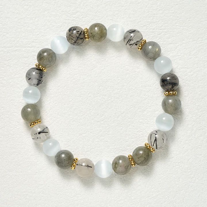Buddha Stones Bracciale dell'abbondanza con perle di quarzo rutilato nero e pietra occhio di gatto bianca. - image 9