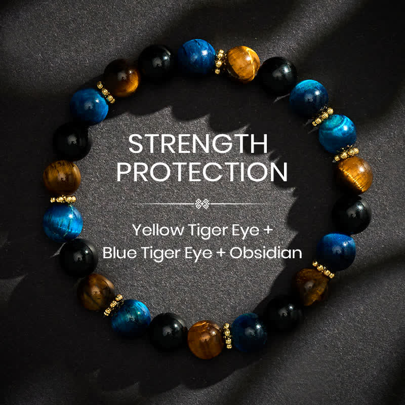 Buddha Stones Braccialetto del coraggio con perline di occhio di tigre blu, occhio di tigre blu e ossidiana nera - 8 mm - image 0
