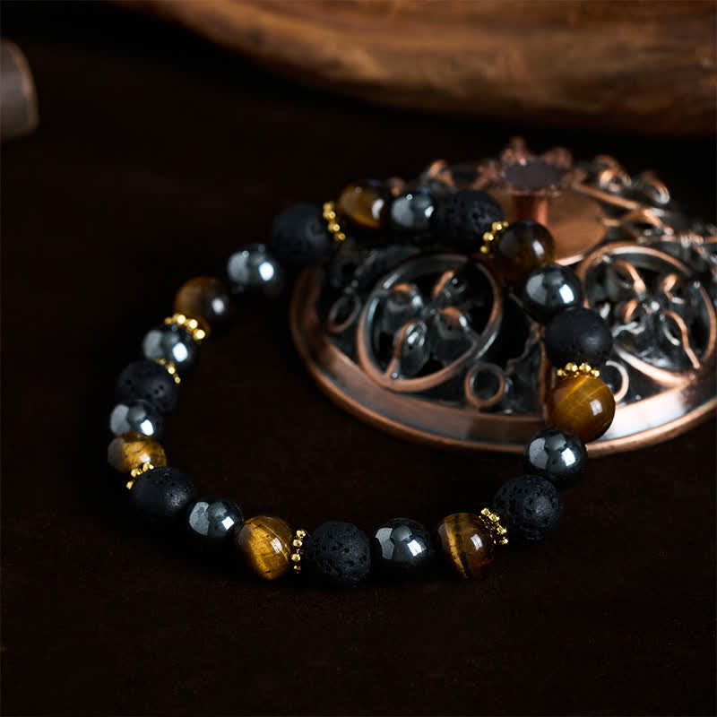 Buddha Stones Bracciale rinforzato con perle di ematite e pietra lavica occhio di tigre - image 1
