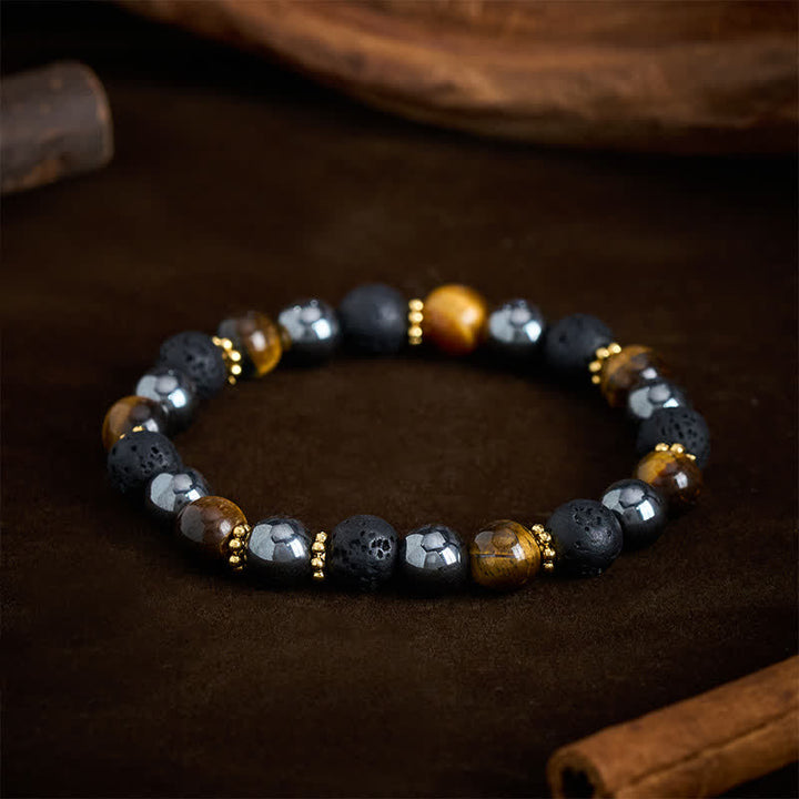 Buddha Stones Bracciale rinforzato con perle di ematite e pietra lavica occhio di tigre - image 2