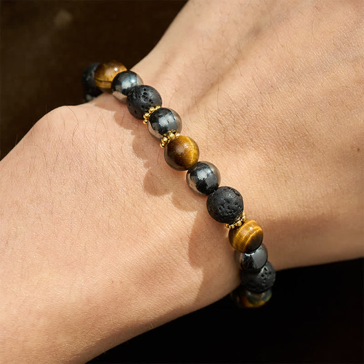 Buddha Stones Bracciale rinforzato con perle di ematite e pietra lavica occhio di tigre - image 4