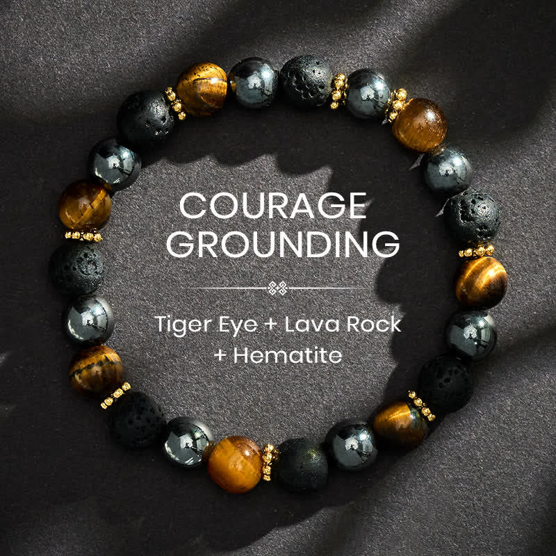Buddha Stones Bracciale rinforzato con perle di ematite e pietra lavica occhio di tigre - 8 mm - image 0