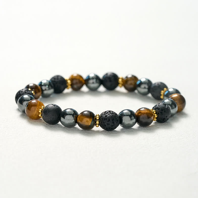 Buddha Stones Bracciale rinforzato con perle di ematite e pietra lavica occhio di tigre - image 10