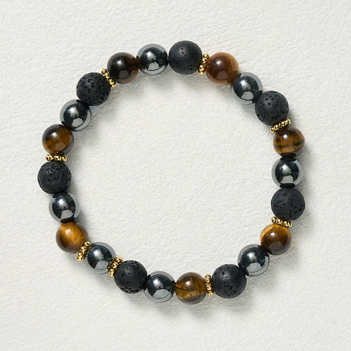 Buddha Stones Bracciale rinforzato con perle di ematite e pietra lavica occhio di tigre - image 9