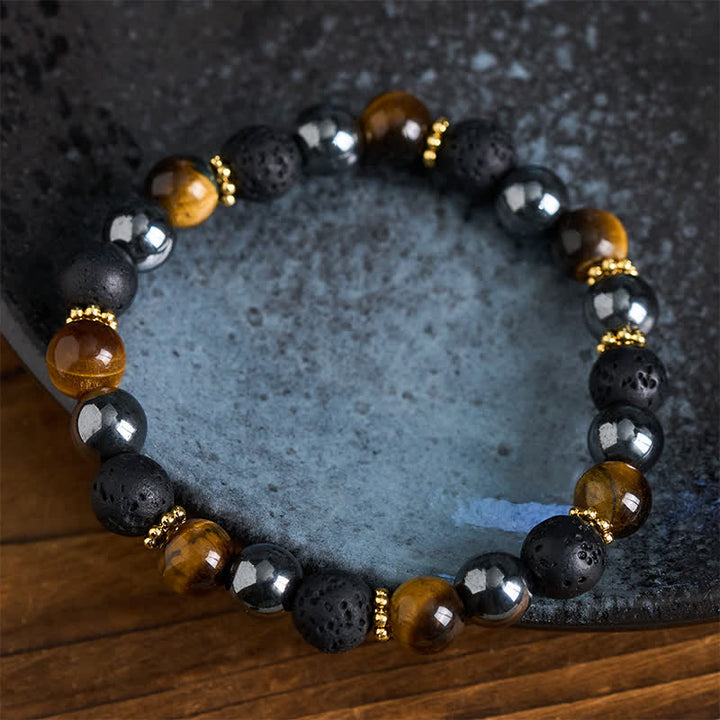 Buddha Stones Bracciale rinforzato con perle di ematite e pietra lavica occhio di tigre - image 3